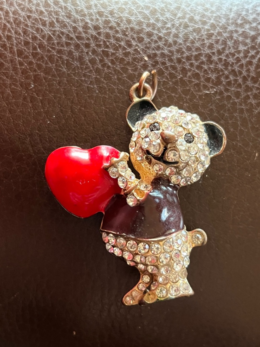 Vintage Gold Tone Rhinestone Teddy Bear Pendant - Red Enamel Heart - As Is